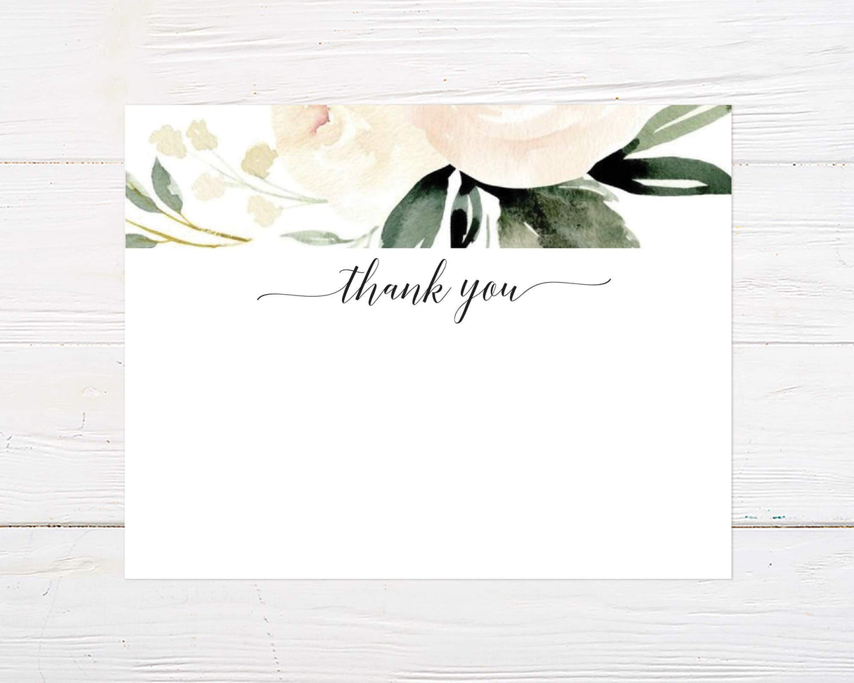 Elegant ivory peonies thank you card with delicate floral design on a white background.