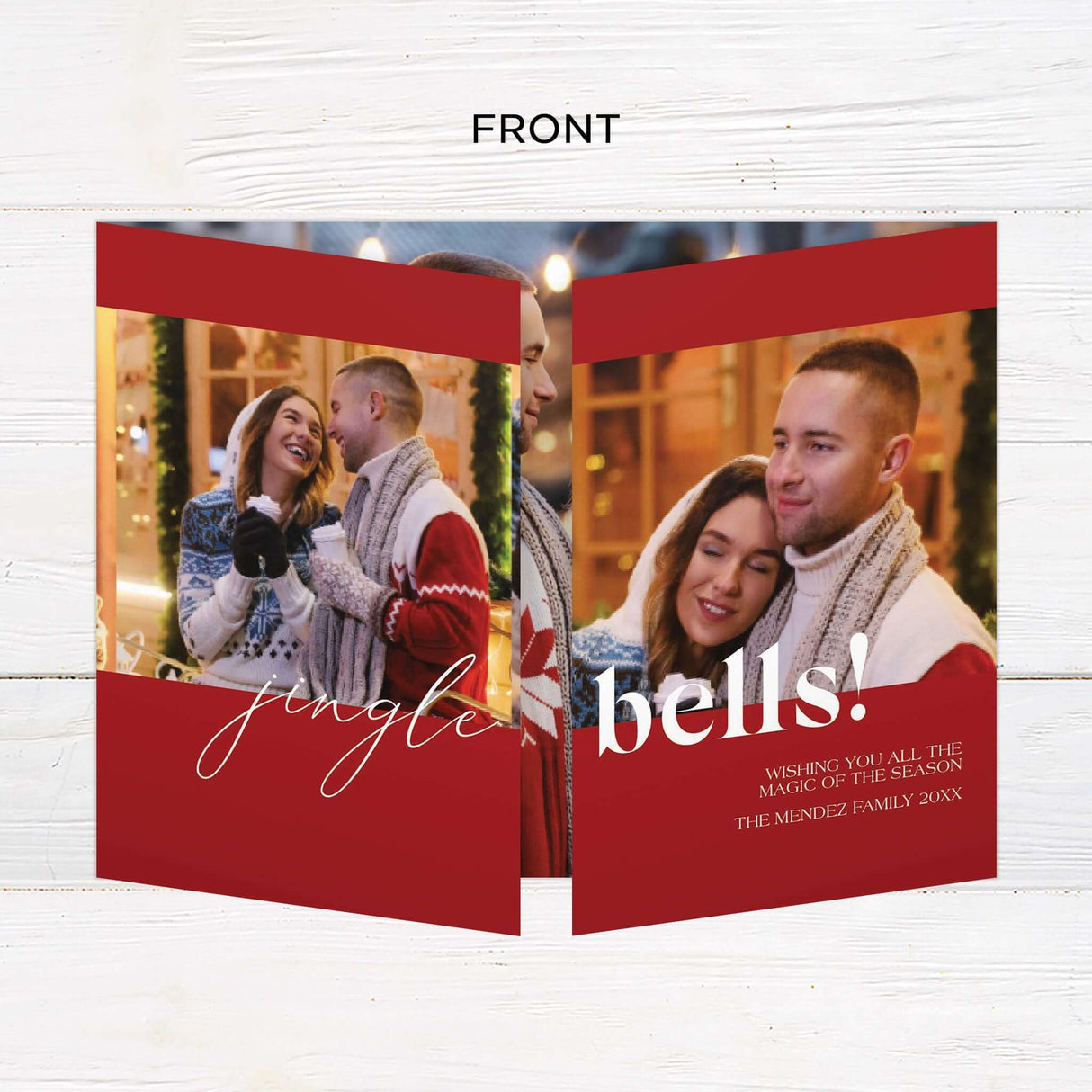 This festive gatefold holiday card features a cozy couple’s winter photo shoot with cheerful red and white backgrounds. Elegant bell illustrations, playful script fonts, and space for custom greetings make it a modern and personal way to send holiday wishes. - front.