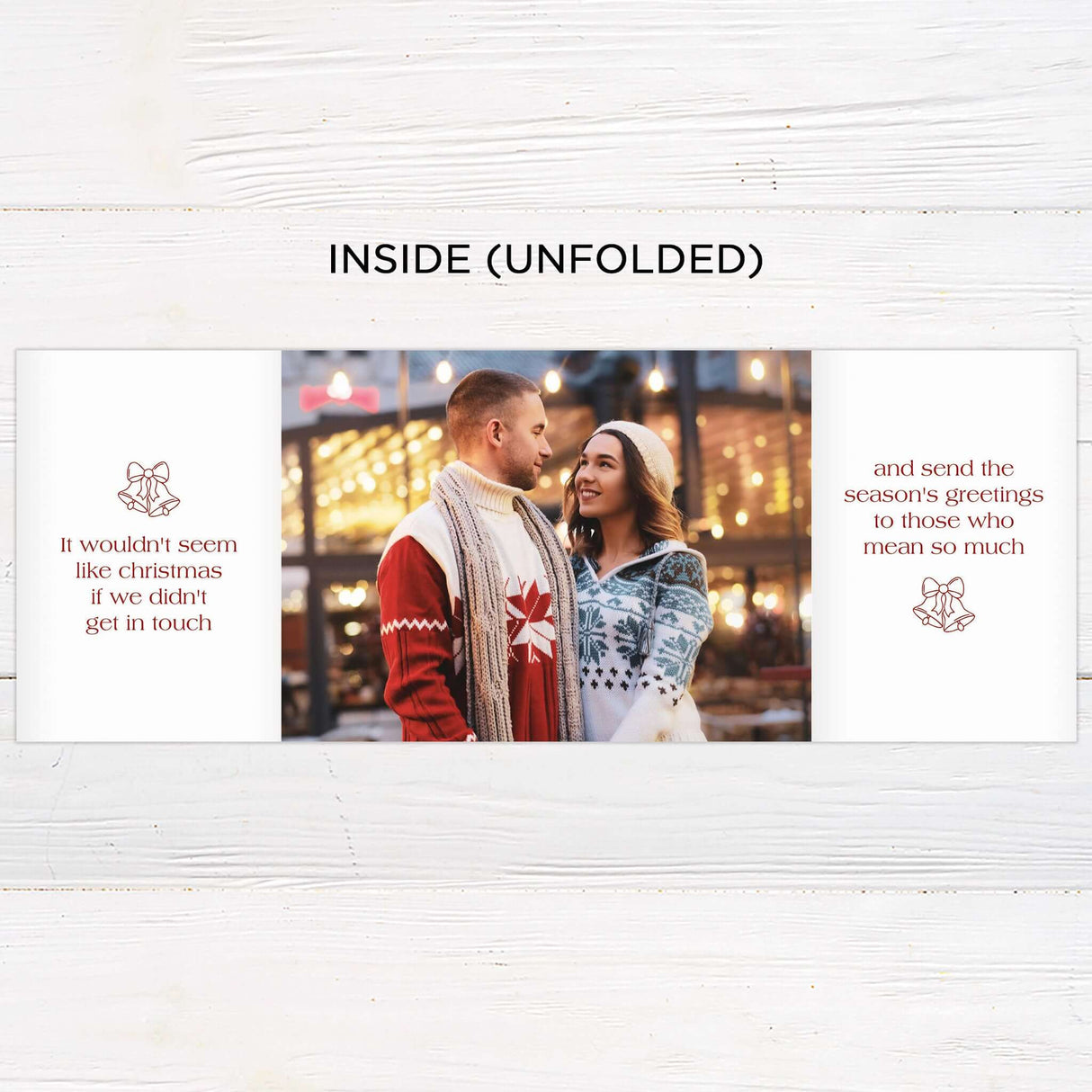 This festive gatefold holiday card features a cozy couple’s winter photo shoot with cheerful red and white backgrounds. Elegant bell illustrations, playful script fonts, and space for custom greetings make it a modern and personal way to send holiday wishes. - inside.