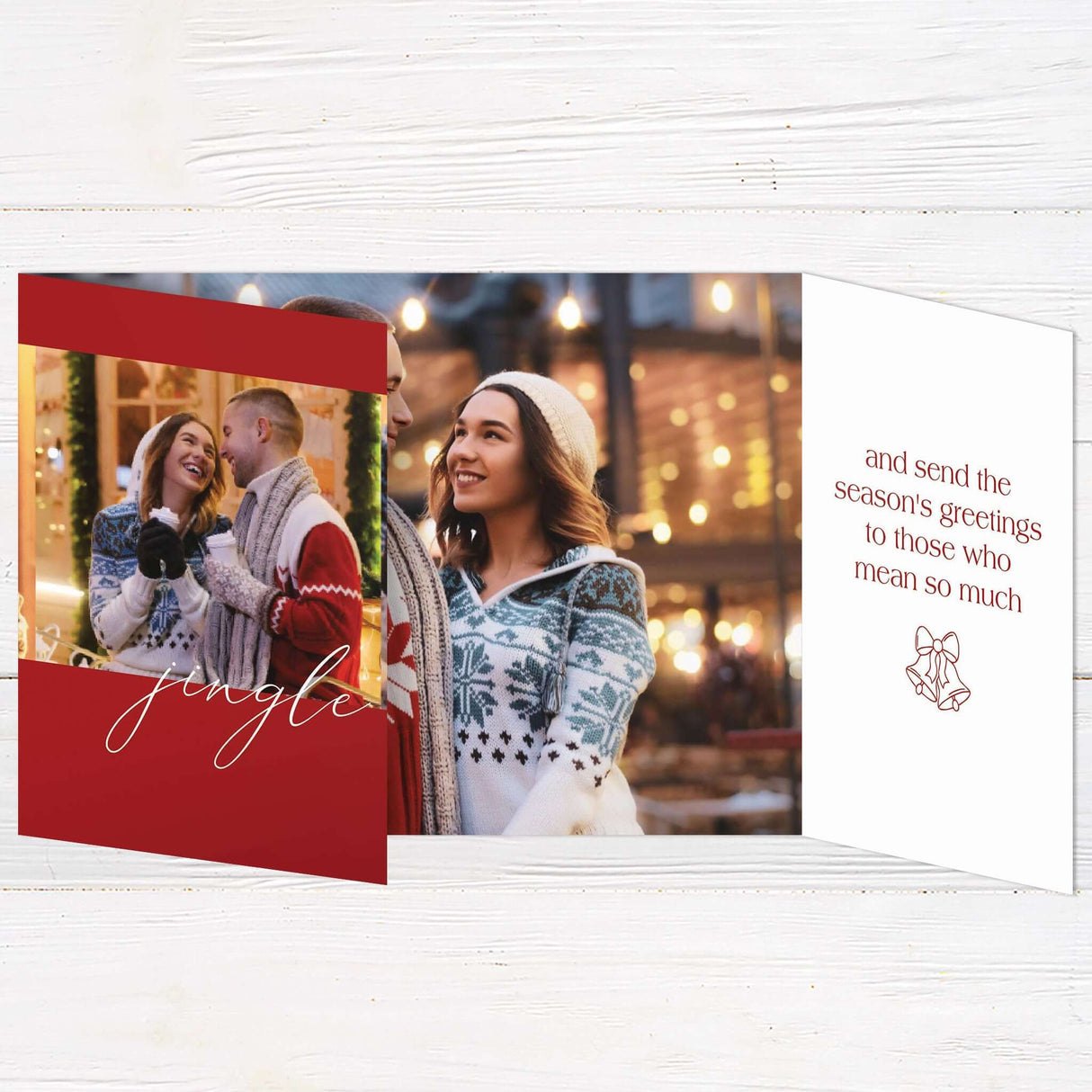This festive gatefold holiday card features a cozy couple’s winter photo shoot with cheerful red and white backgrounds. Elegant bell illustrations, playful script fonts, and space for custom greetings make it a modern and personal way to send holiday wishes.