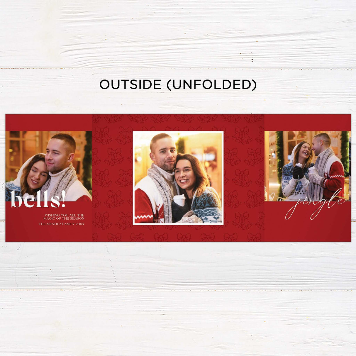 This festive gatefold holiday card features a cozy couple’s winter photo shoot with cheerful red and white backgrounds. Elegant bell illustrations, playful script fonts, and space for custom greetings make it a modern and personal way to send holiday wishes. - outside.