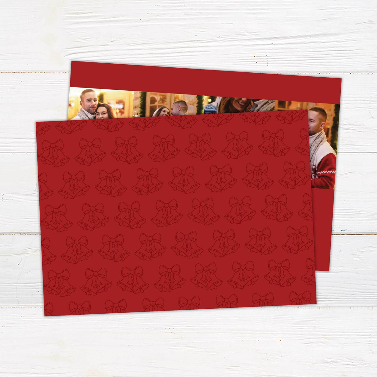 Customizable Jingle Bells Holiday Card with a bold red background, modern typography, and four-photo collage layout for sharing family holiday memories. - back.