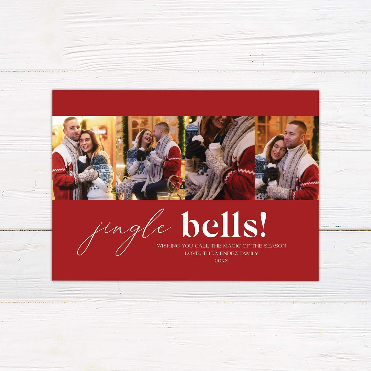 Customizable Jingle Bells Holiday Card with a bold red background, modern typography, and four-photo collage layout for sharing family holiday memories.