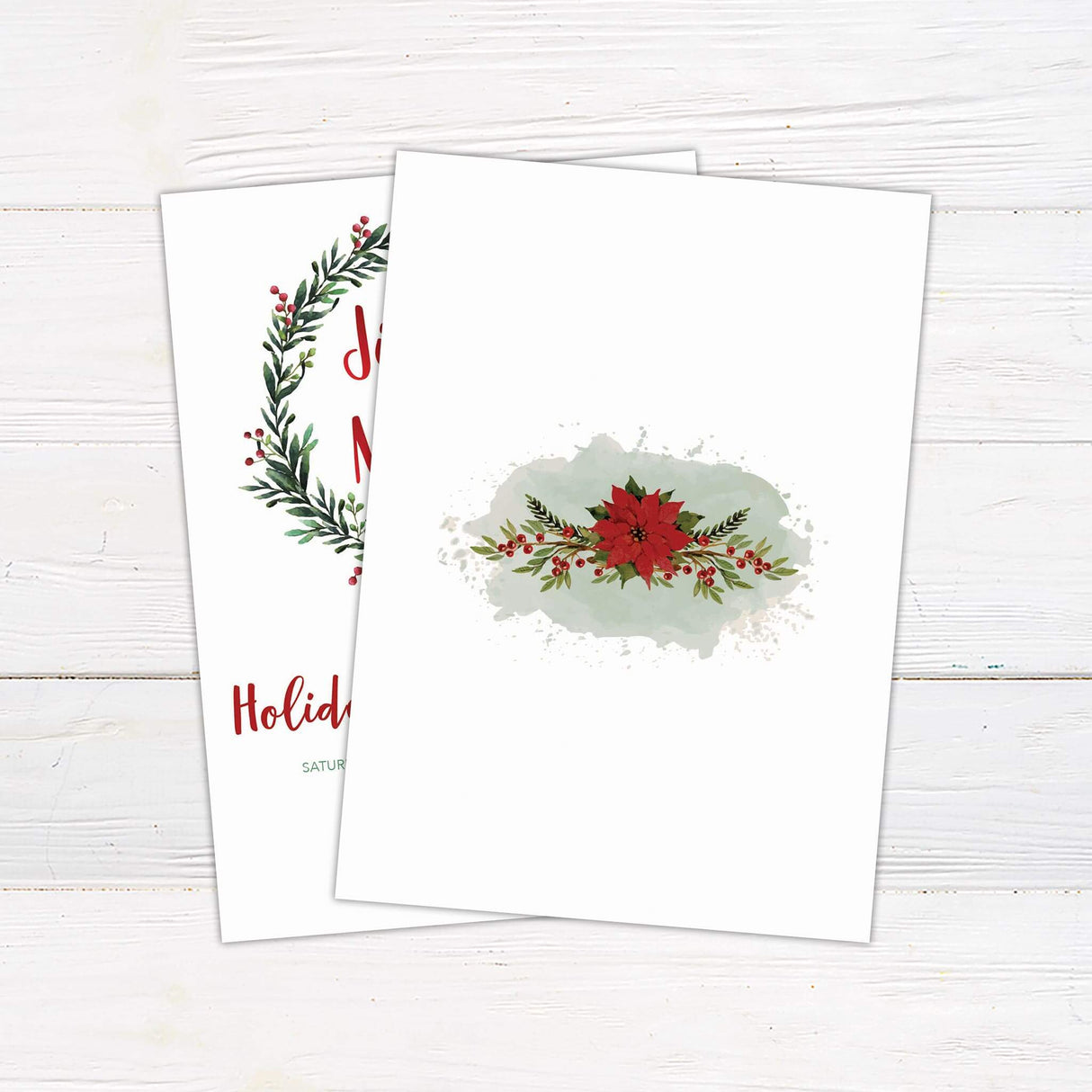 Holiday invitation with the words "Jingle and Mingle" inside a watercolor wreath of greenery and red berries. Below it invites guests to a festive cocktail party with event details in red and green lettering. - back side.