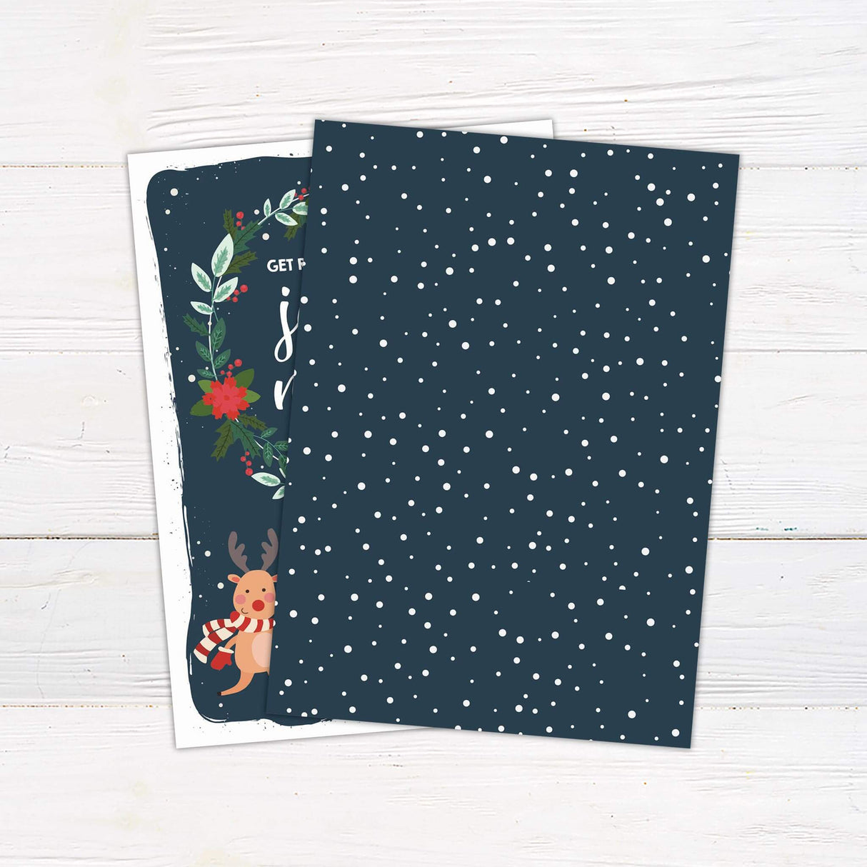 A holiday party invitation with playful text and festive decorations. The design includes cheerful illustrations and a seasonal theme. - back side.