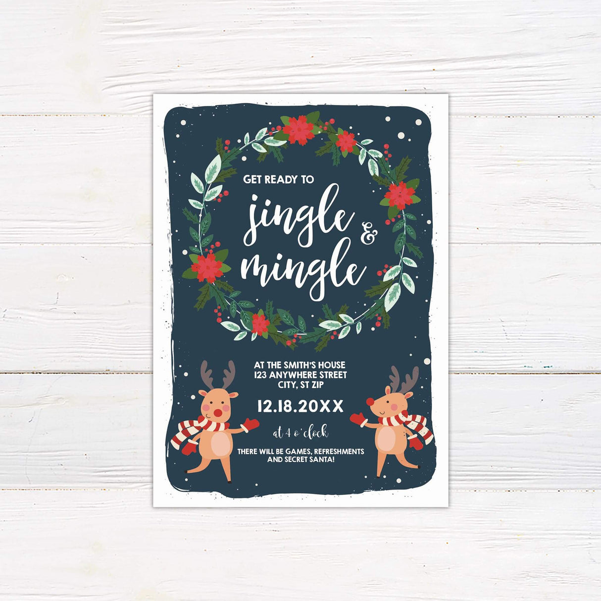 A holiday party invitation with playful text and festive decorations. The design includes cheerful illustrations and a seasonal theme.
