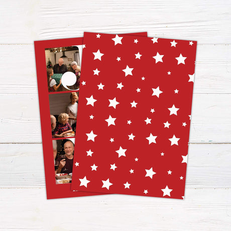 Joy photo collage Christmas card with red background, bold white typography, and three personalized family photos. - back.
