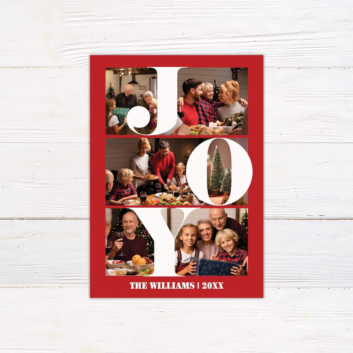 Joy photo collage Christmas card with red background, bold white typography, and three personalized family photos.