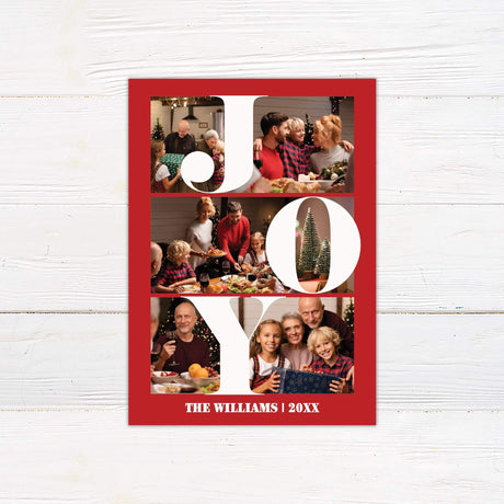 Joy photo collage Christmas card with red background, bold white typography, and three personalized family photos.