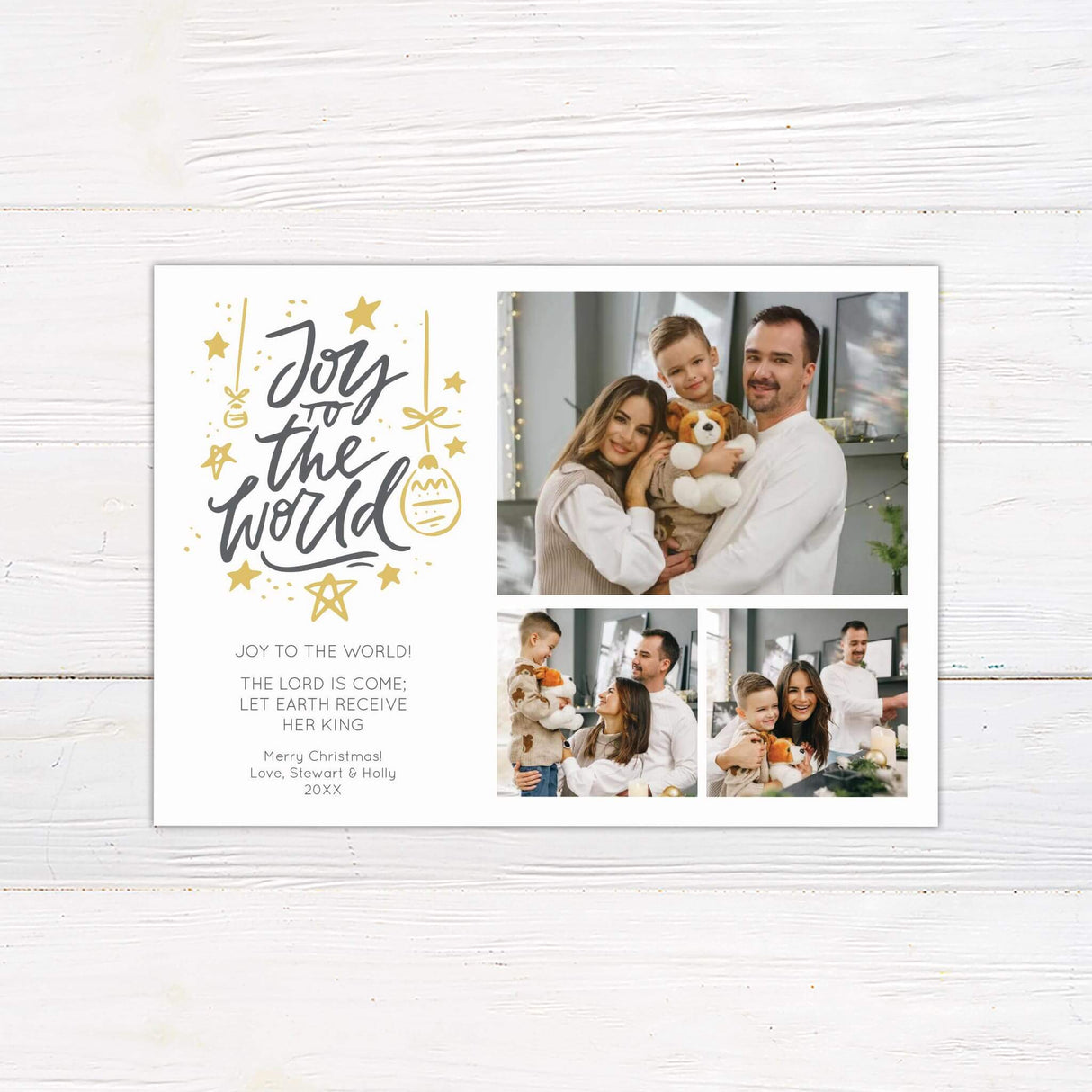 A customizable Christmas card featuring the phrase “Joy to the World” in gold lettering with festive star and ornament illustrations on one side and multiple photo slots on the other. The design allows families to showcase personal holiday photos in a modern and elegant style.