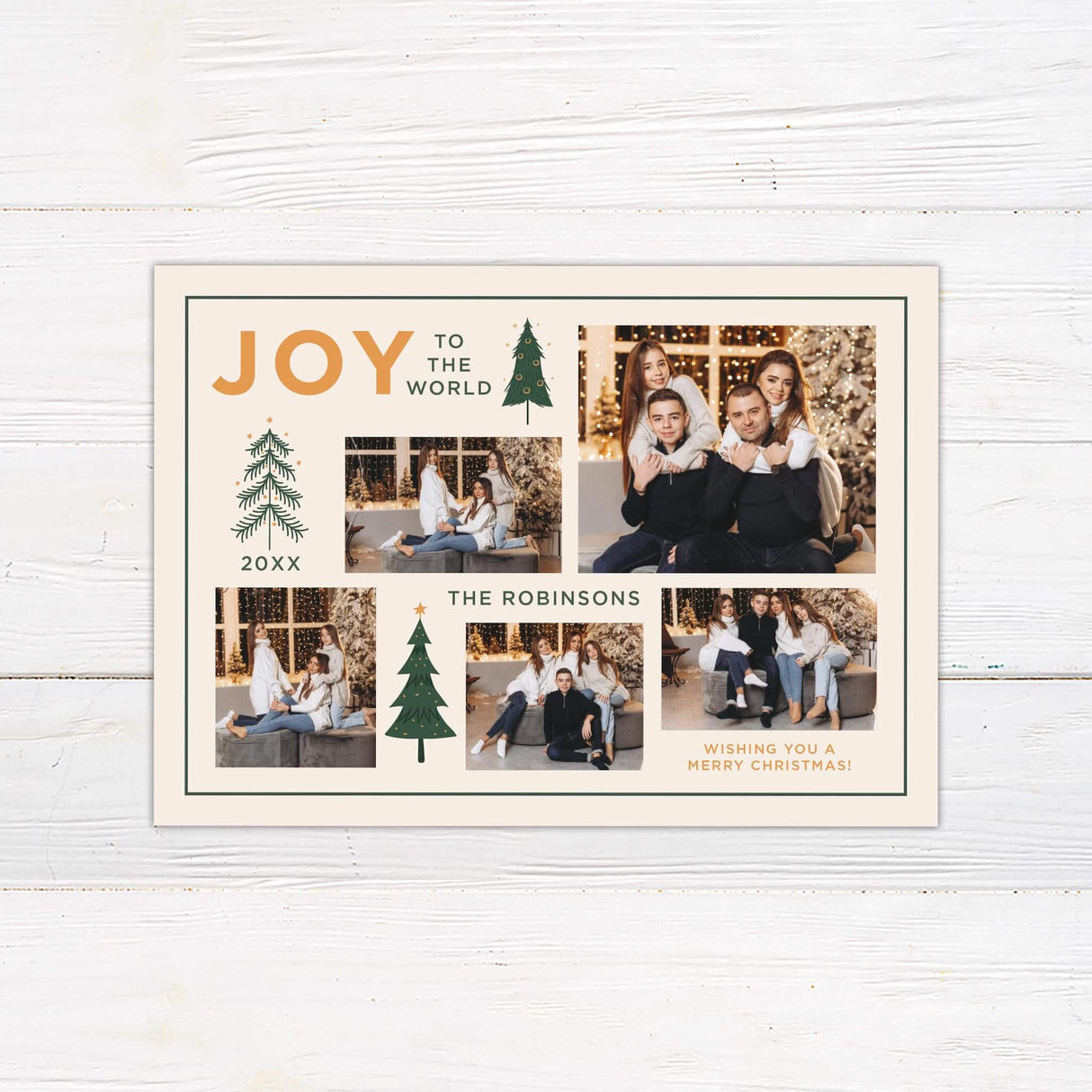 A customizable collage Christmas card featuring a modern layout with multiple photo slots, decorated with minimalist Christmas tree illustrations and warm festive typography. The design allows families to personalize their holiday greeting with their own photos while enjoying a clean, stylish, and festive look.