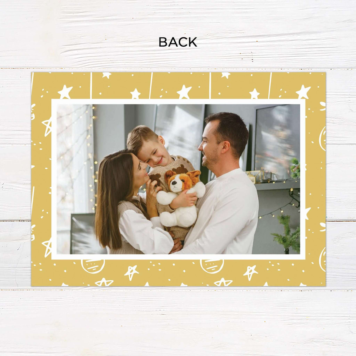 This gatefold Christmas card features a modern design with warm mustard yellow panels and playful white star illustrations. The card is fully customizable with your photos, names, holiday greetings, and year, making it a personalized keepsake for the season. - back.