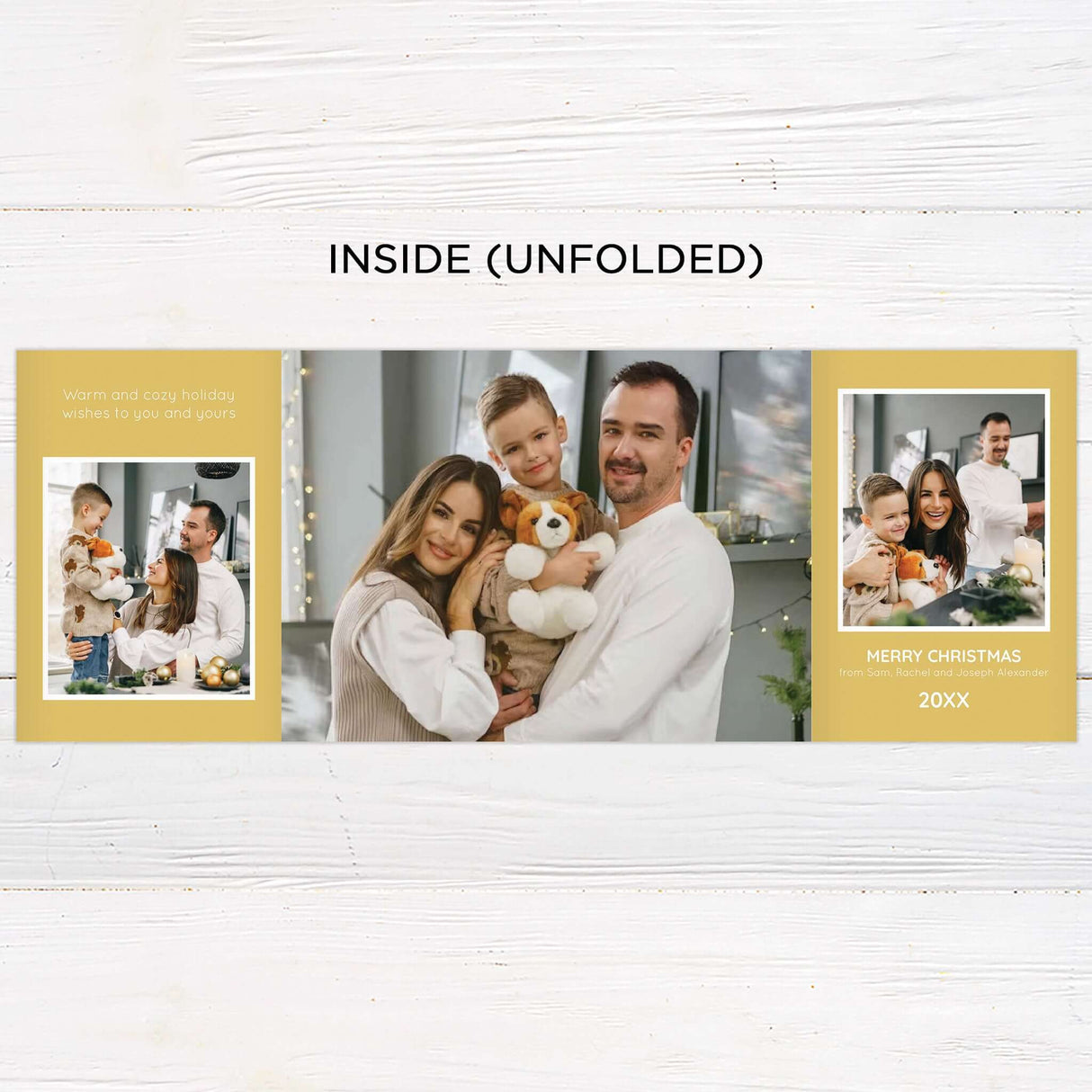 Modern Christian gatefold Christmas card featuring photo of family in center, gold stars, and faith-inspired text "Joy to the World, the Lord is Come".
