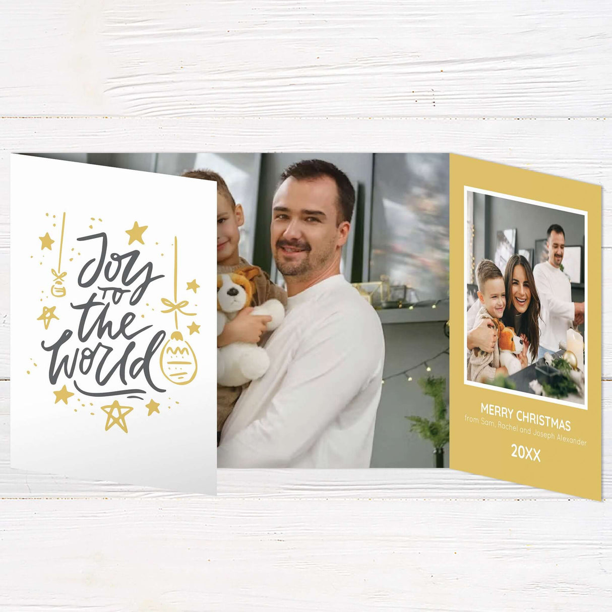 This gatefold Christmas card features a modern design with warm mustard yellow panels and playful white star illustrations. The card is fully customizable with your photos, names, holiday greetings, and year, making it a personalized keepsake for the season.