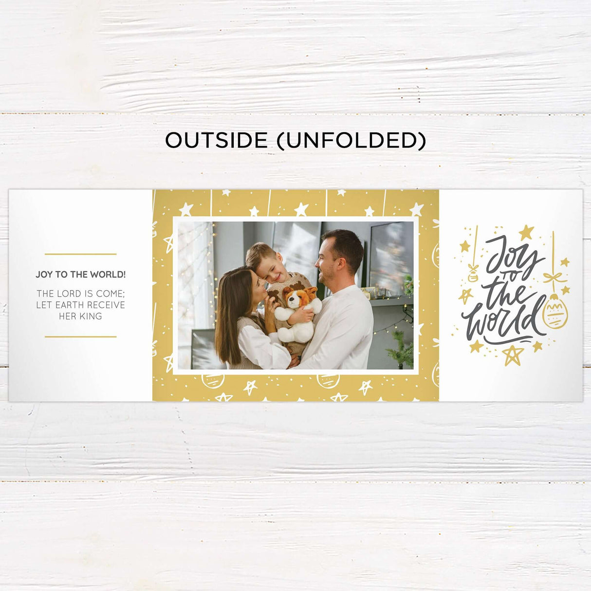 This gatefold Christmas card features a modern design with warm mustard yellow panels and playful white star illustrations. The card is fully customizable with your photos, names, holiday greetings, and year, making it a personalized keepsake for the season. - outside.
