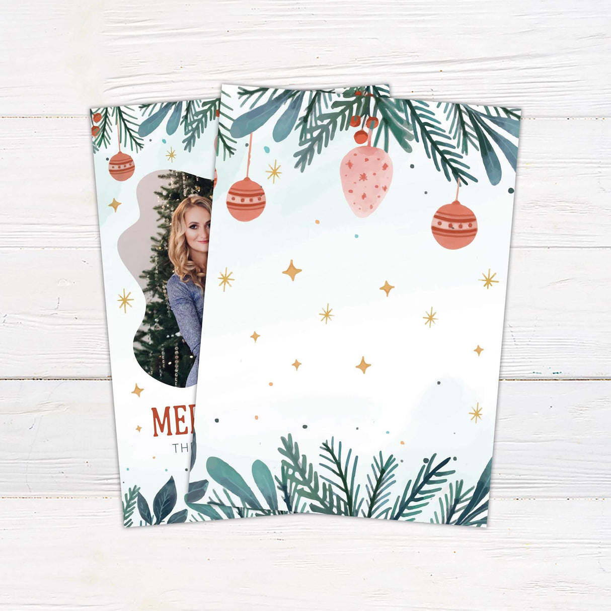 Joyful Watercolor Christmas card with family photo, painted greenery, ornaments, golden stars, and personalized Merry Christmas greeting. - back.