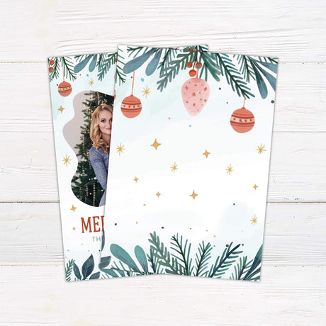 Joyful Watercolor Christmas card with family photo, painted greenery, ornaments, golden stars, and personalized Merry Christmas greeting. - back.