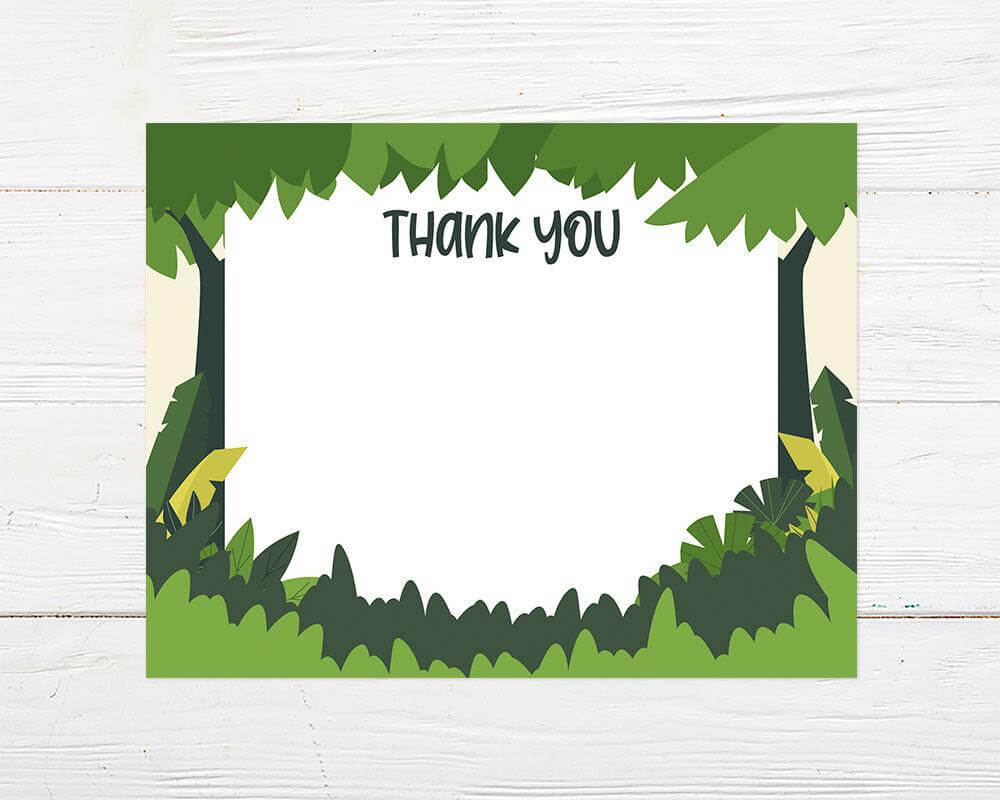 Jungle-themed thank you notes featuring a lush tropical rainforest design. A perfect way to express gratitude after a jungle or safari birthday party.