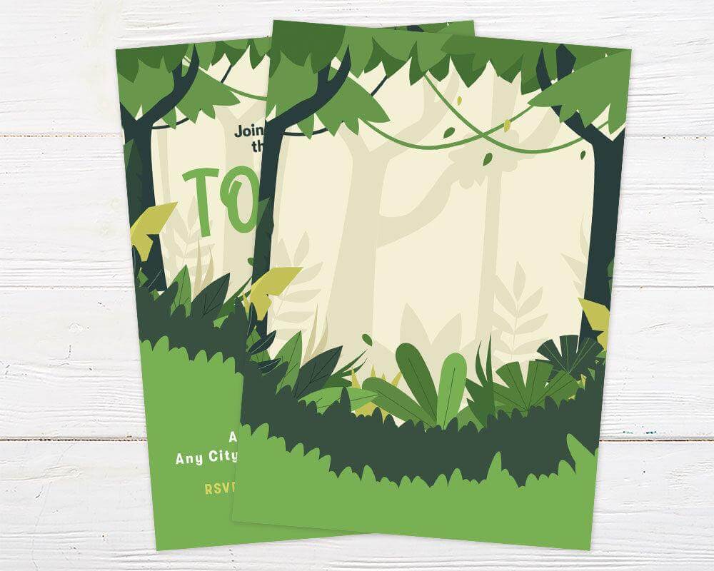 Jungle-themed birthday invitation featuring a lush green tropical rainforest background with playful typography. Perfect for safari, adventure, or jungle-themed kids’ birthday parties. Back.