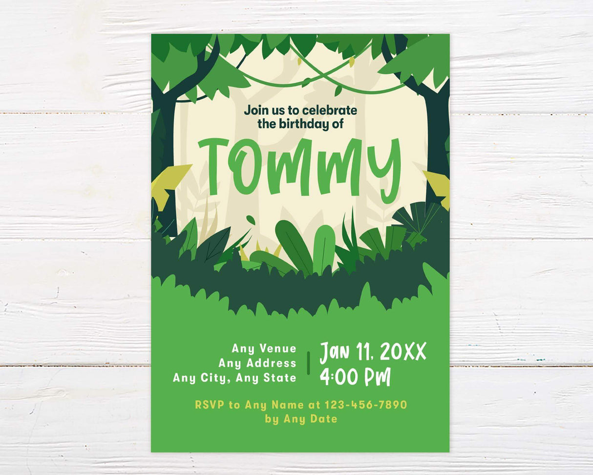 "Jungle-themed birthday invitation featuring a lush green tropical rainforest background with playful typography. Perfect for safari, adventure, or jungle-themed kids’ birthday parties."