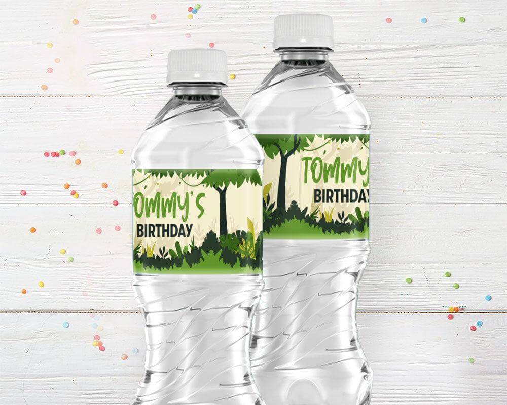 Jungle adventure-themed water bottle labels with tropical greenery and playful jungle text. Perfect for jungle, safari, or outdoor-themed birthday parties.