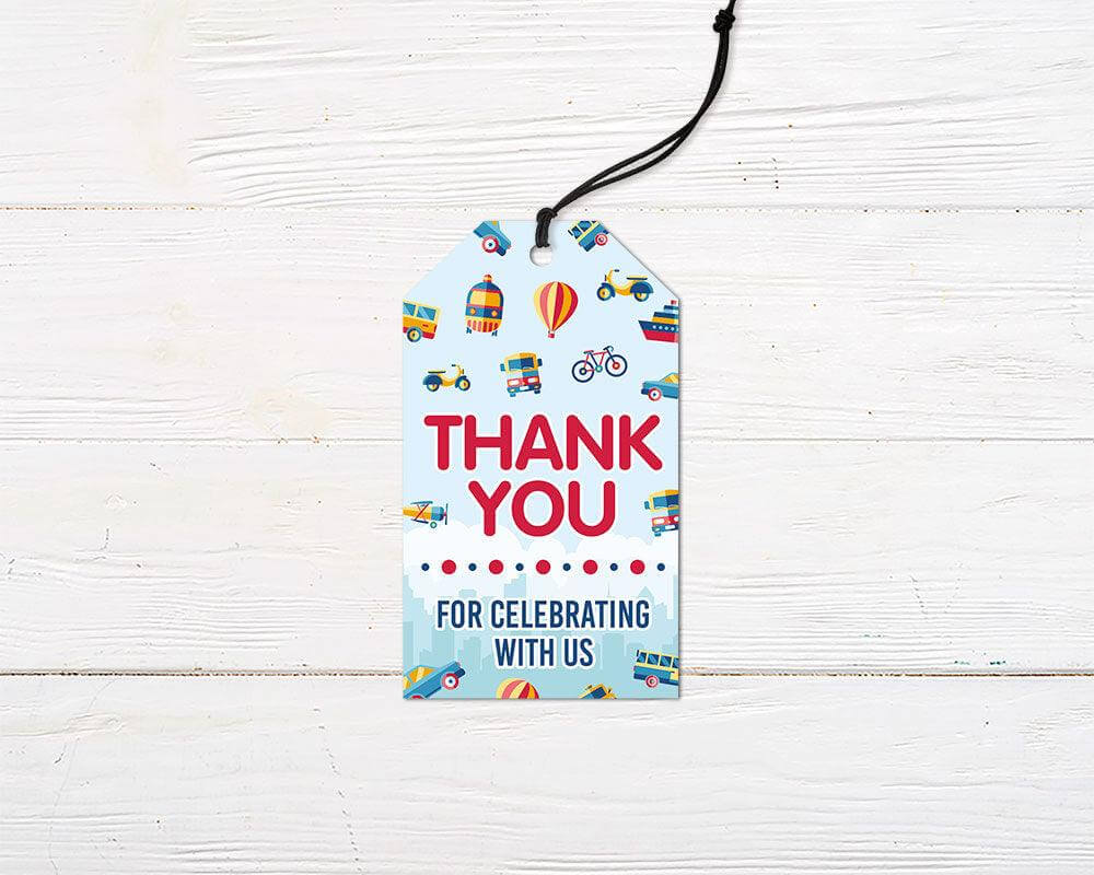 Kids Transportation thank you favor tag featuring colorful vehicles like cars, planes, and trains for birthday celebrations.