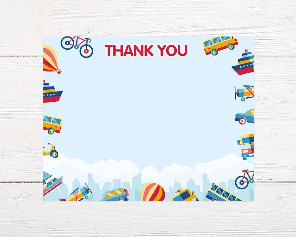 Colorful transportation-themed thank you card with various vehicles including buses, boats, cars, planes, bikes, and hot air balloons surrounding a central “Thank You” message on a light blue background. The playful design has a cheerful and kid-friendly style with a city skyline and clouds at the bottom.
