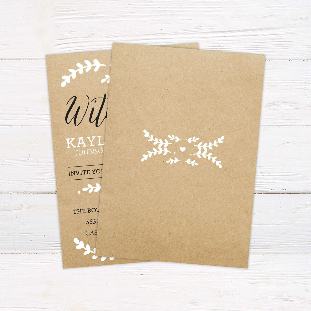 Rustic kraft paper wedding invitation with white leaf accents, bold "With Love" script, and casual typography layout for event details - back