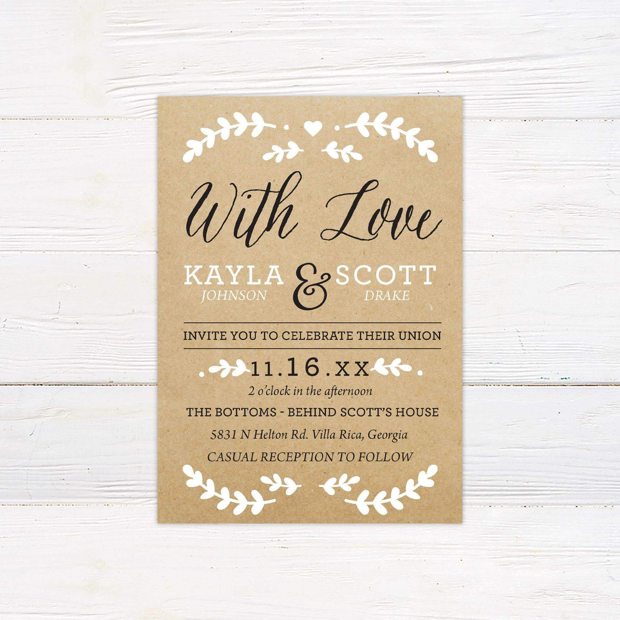 Rustic kraft paper wedding invitation with white leaf accents, bold "With Love" script, and casual typography layout for event details