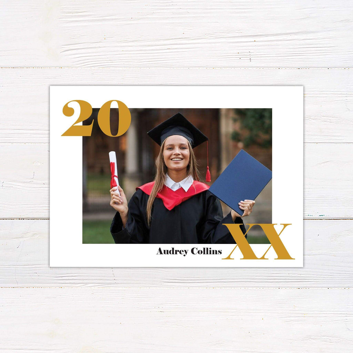 Custom printed graduation announcement featuring a bold Class Year frame with a personalized graduate photo, elegant typography, and a sleek modern design. This high-quality keepsake card is fully customized with the graduate’s name, class year, and school details, printed on premium cardstock, perfect for high school or college graduation celebrations.
gold