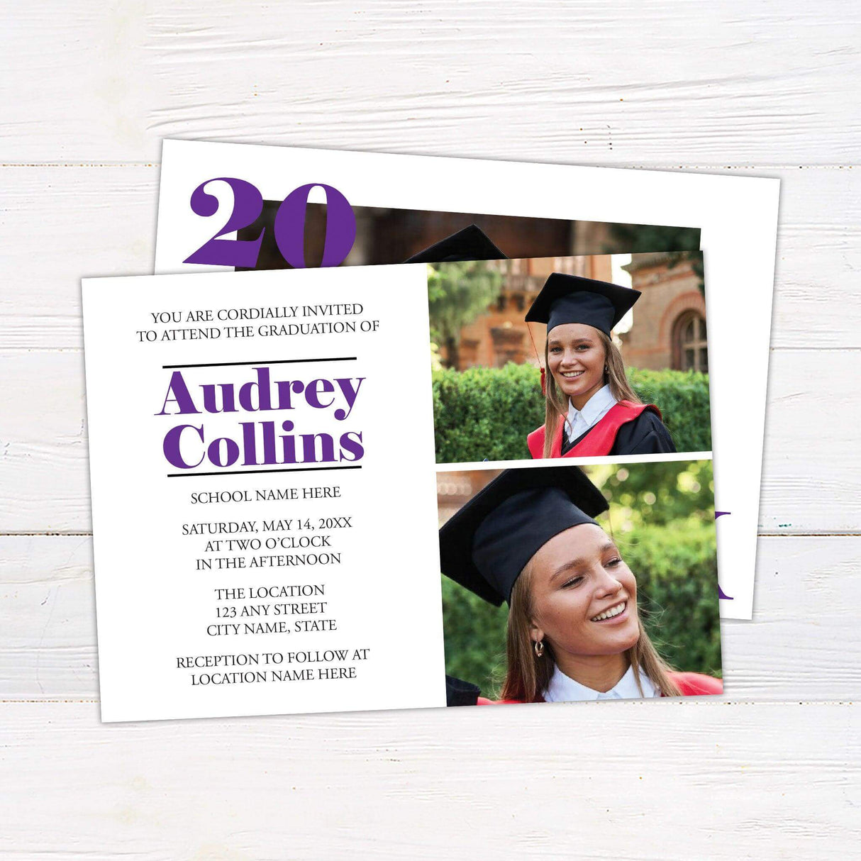Custom printed graduation announcement featuring a bold Class Year frame with a personalized graduate photo, elegant typography, and a sleek modern design. This high-quality keepsake card is fully customized with the graduate’s name, class year, and school details, printed on premium cardstock, perfect for high school or college graduation celebrations.
purple back