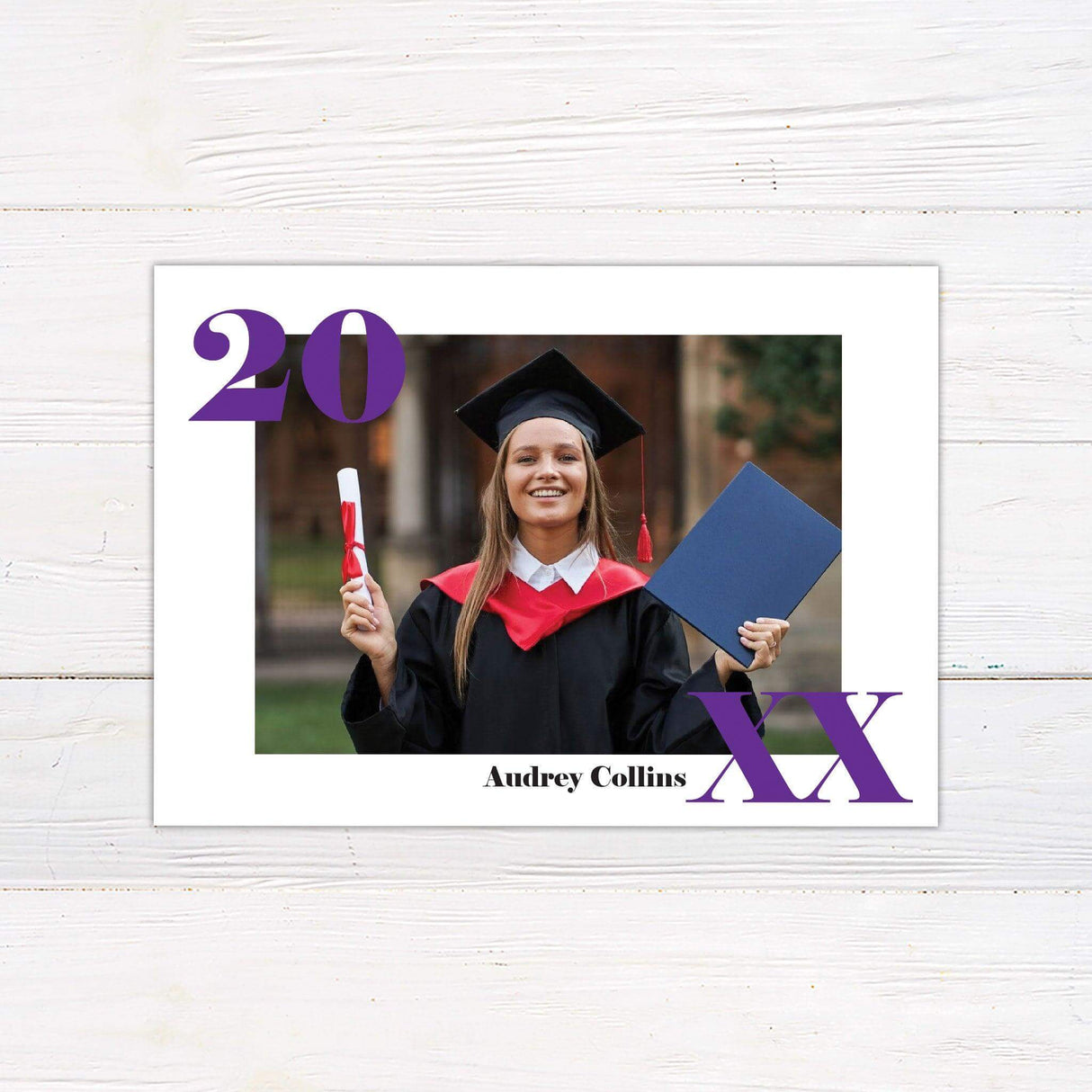 Custom printed graduation announcement featuring a bold Class Year frame with a personalized graduate photo, elegant typography, and a sleek modern design. This high-quality keepsake card is fully customized with the graduate’s name, class year, and school details, printed on premium cardstock, perfect for high school or college graduation celebrations.
purple