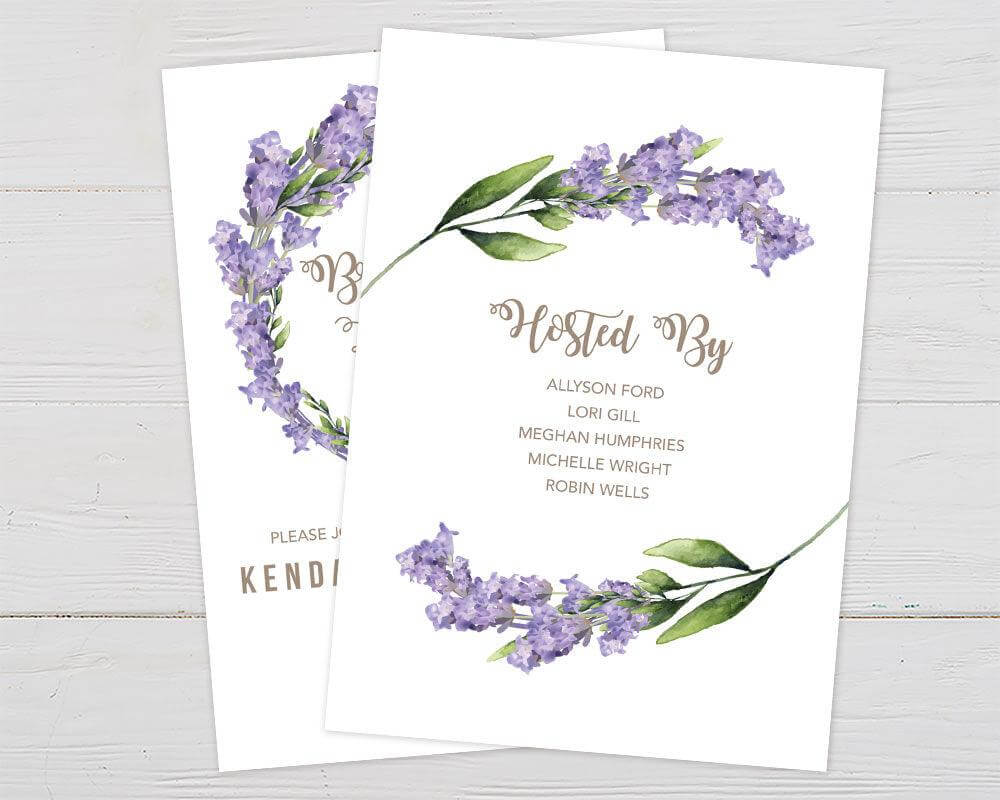 A Lavender Wreath invitation with a lavender floral wreath and circular design. The invitation features soft purple flowers and elegant lettering. - back.