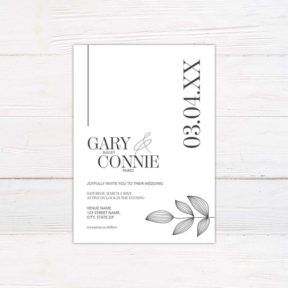 Minimalist wedding invitation with vertical date layout, elegant serif fonts, and black line art leaf illustration on a white background