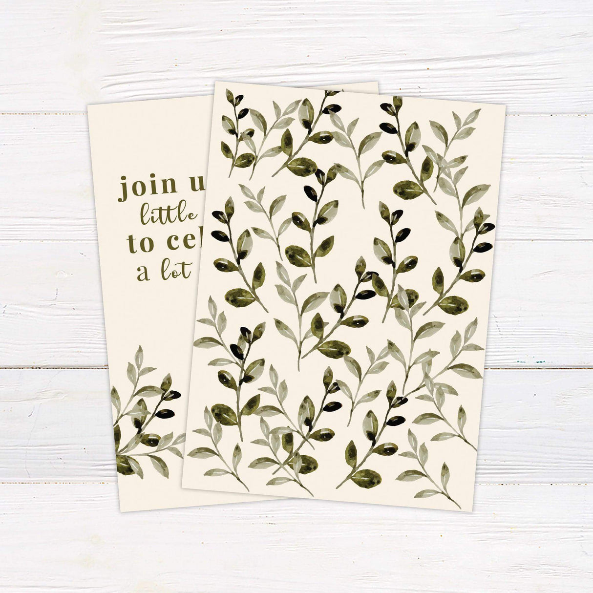 Minimalist wedding invitation with watercolor olive leaves, beige background, and elegant serif text reading "a little party to celebrate a lot of love" - back