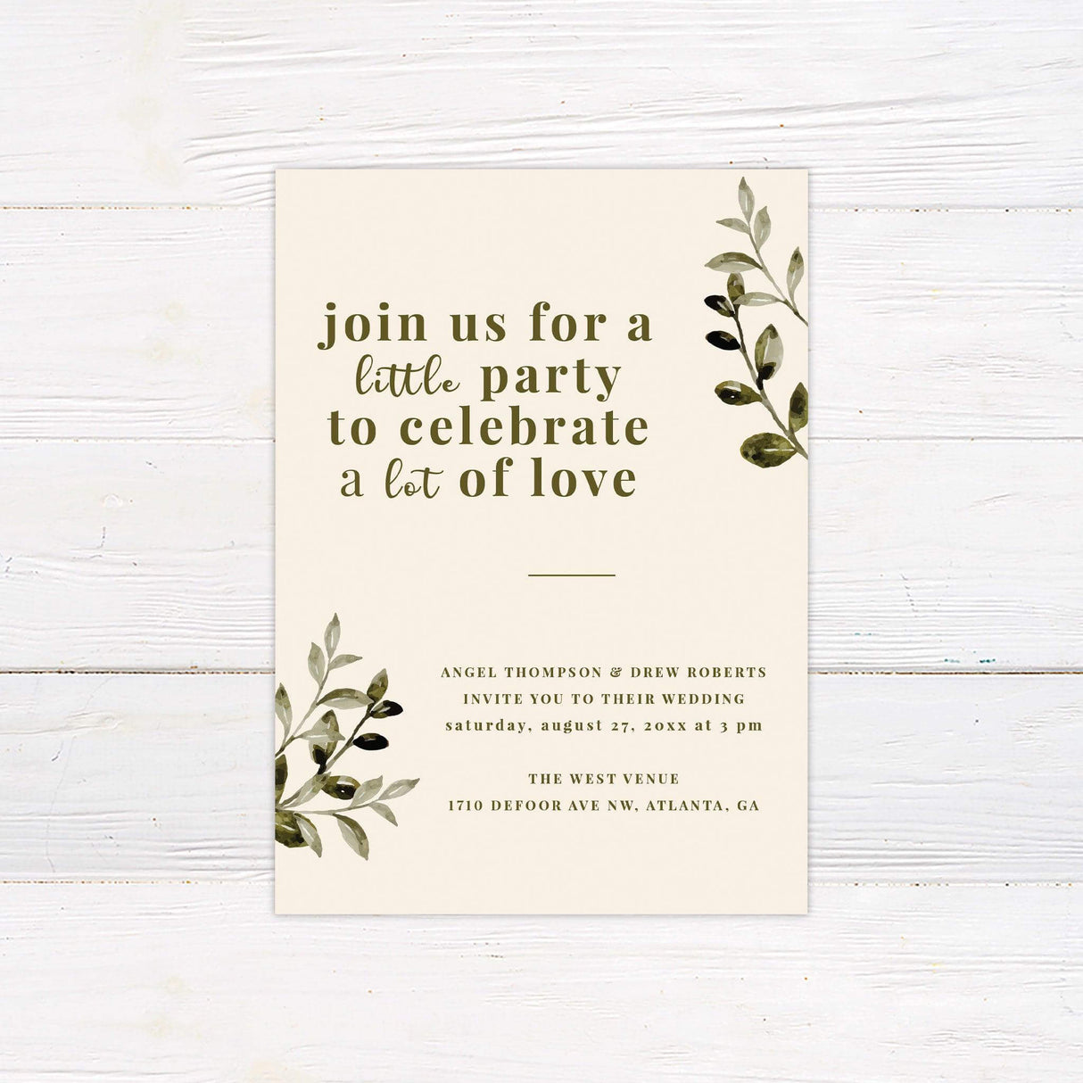 Minimalist wedding invitation with watercolor olive leaves, beige background, and elegant serif text reading "a little party to celebrate a lot of love"
