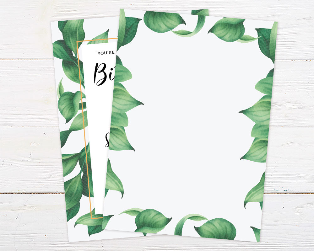 Leaves Birthday Party invitation with watercolor leaves design on a white background.