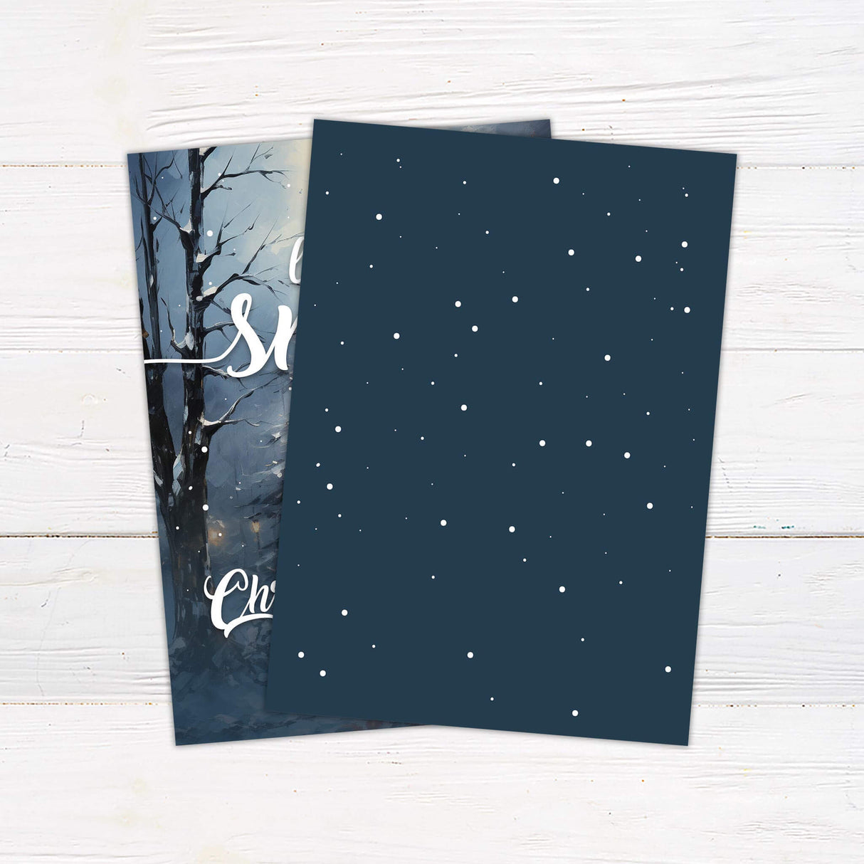 A winter-themed party invitation featuring a snowy night scene with a decorated tree and falling snow. The text shares details about the date, time, location, and RSVP for the event. - back side.
