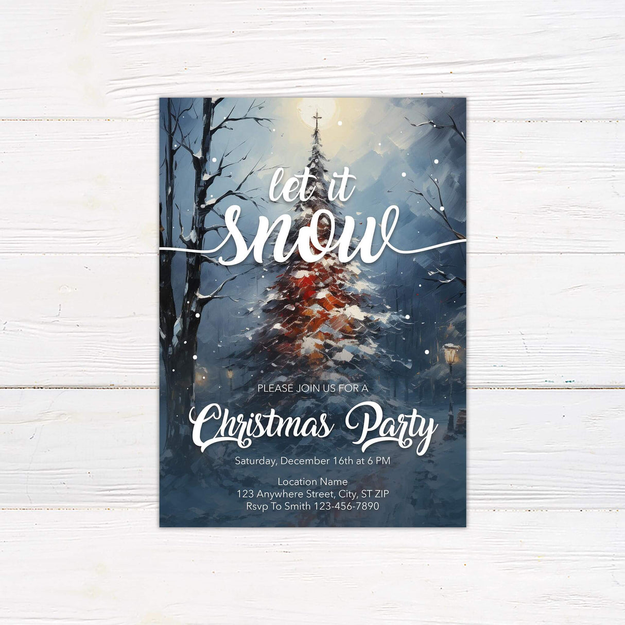 A winter-themed party invitation featuring a snowy night scene with a decorated tree and falling snow. The text shares details about the date, time, location, and RSVP for the event.