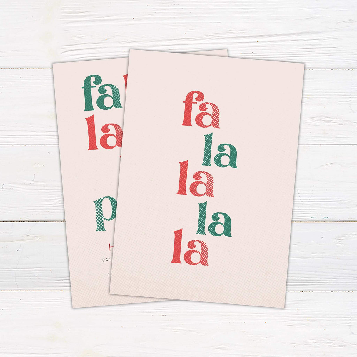 Holiday party invitation with "falala lala let's party" in bold red and green text on a soft pink background with retro typography back side