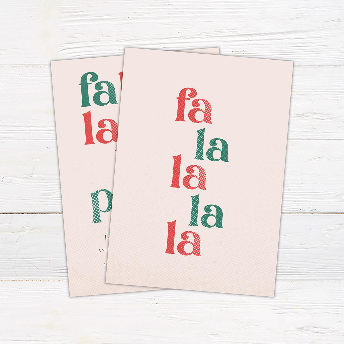 Falala Let's Party Holiday party invitation with "falala lala let's party" in bold red and green text on a soft pink background with retro typography - back.