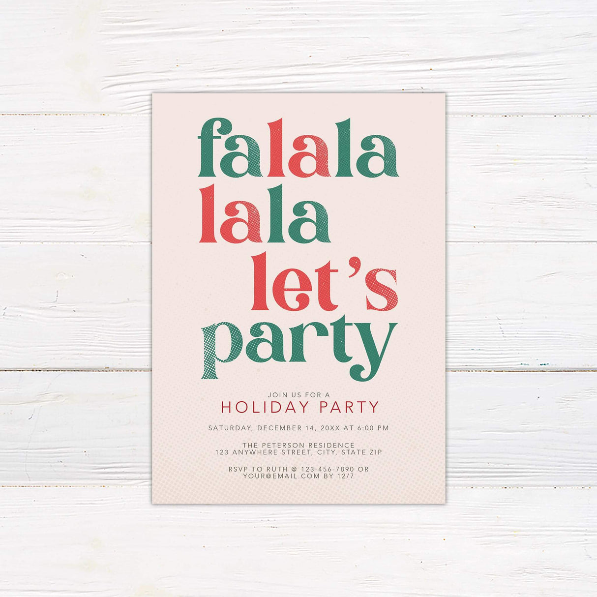 Holiday party invitation with "falala lala let's party" in bold red and green text on a soft pink background with retro typography