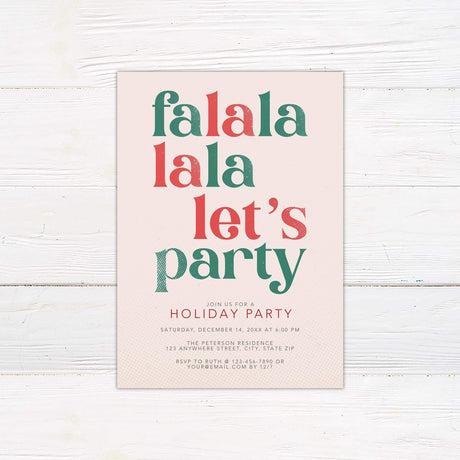 Holiday party invitation with "falala lala let's party" in bold red and green text on a soft pink background with retro typography