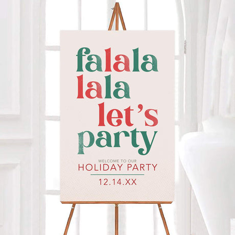 Holiday party invitation with "falala lala let's party" in bold red and green text on a soft pink background with retro typography - welcome sign