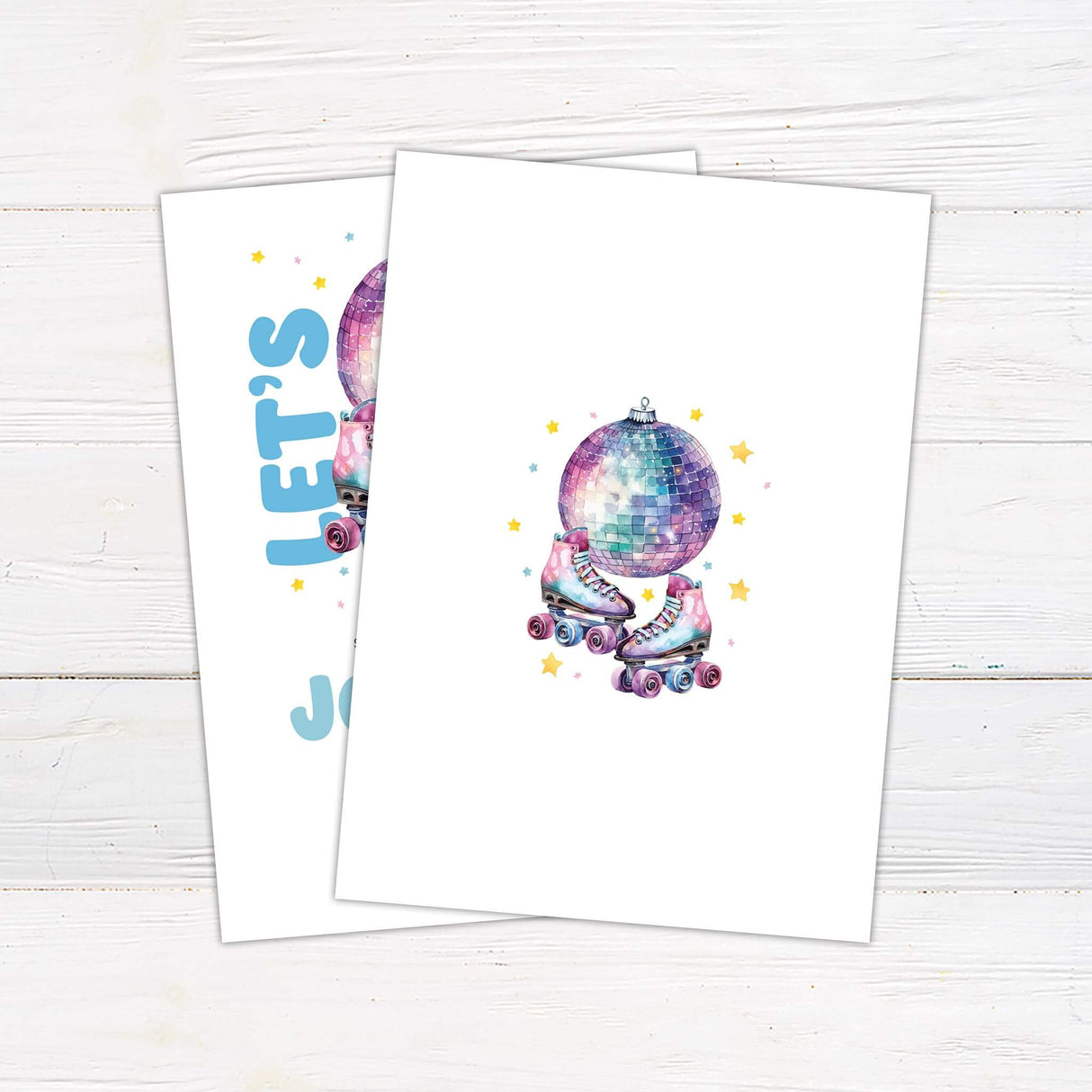 Retro roller skating birthday invitation featuring pastel watercolor roller skates, a disco ball, and playful typography. Perfect for a fun 80s, 90s, or retro-themed skating party. Back.