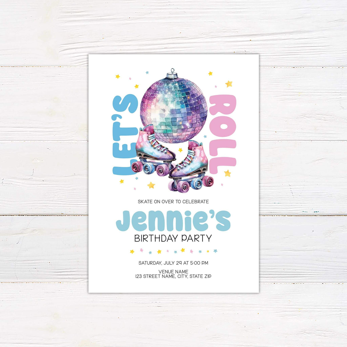Retro roller skating birthday invitation featuring pastel watercolor roller skates, a disco ball, and playful typography. Perfect for a fun 80s, 90s, or retro-themed skating party.