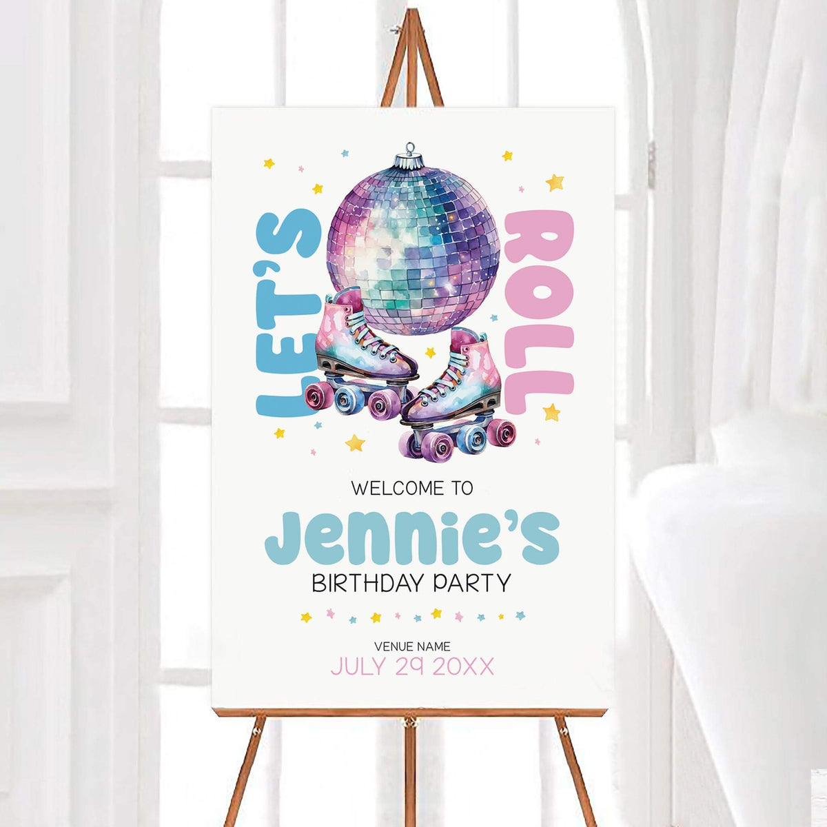 Personalized retro let's roll roller skating birthday welcome sign featuring pastel watercolor roller skates, a colorful disco ball, and scattered stars. The Let's Roll birthday party sign includes customizable name, venue, and date with playful pink and blue lettering.