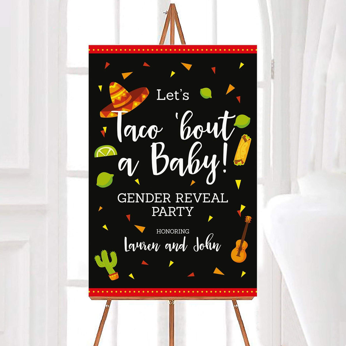 Personalized Let's Taco Bout a Baby gender reveal welcome sign featuring a sombrero, tacos, limes, cactus, guitar, and colorful fiesta decorations. The Mexican fiesta-themed party sign has a black background, bold white lettering, and customizable parents-to-be names.