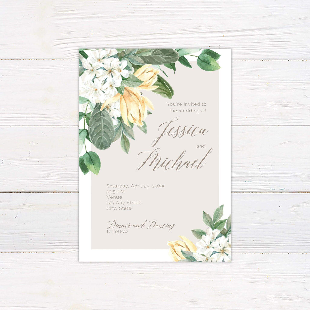 Light floral wedding invitation with watercolor white and yellow flowers and green leaves, featuring elegant modern script.