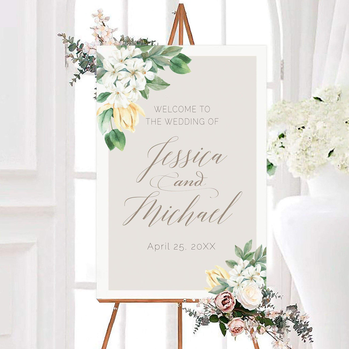 Light floral wedding welcome sign featuring watercolor white blossoms, green foliage, and soft golden floral accents on a neutral background. Elegant personalized script creates a timeless botanical design for welcoming wedding guests.